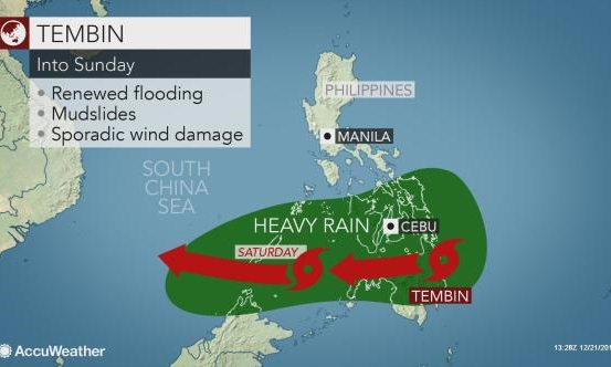 Bão nhiệt đới Tembin tràn vào Philippines với sức gió 90km mỗi giờ