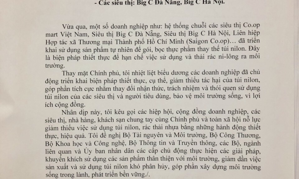 Thủ tướng biểu dương các siêu thị không dùng túi nilon đựng thực phẩm