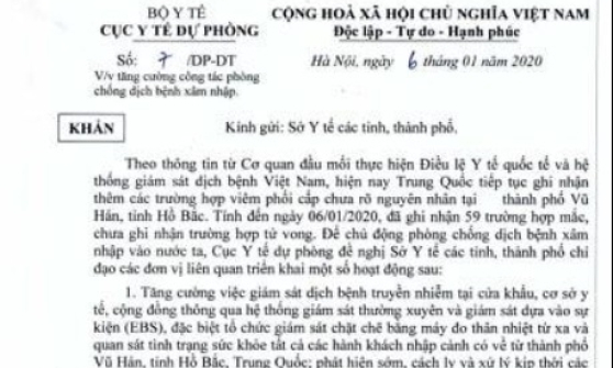 55 ca mắc viêm phổi lạ tại Trung Quốc, Bộ Y tế ra công văn khẩn