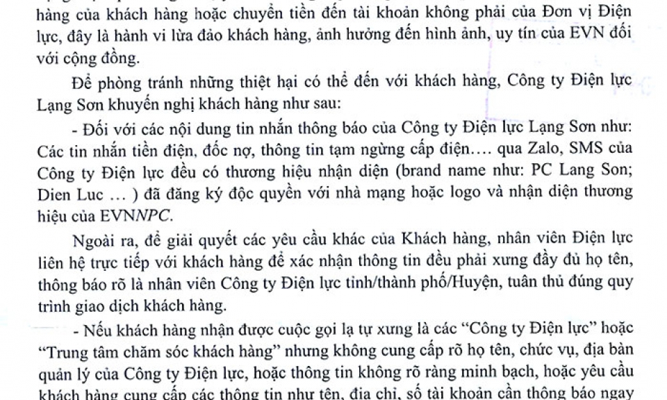 Cảnh báo khách hàng về các cuộc gọi mạo danh ngành điện liên quan thanh toán tiền điện và cung cấp điện