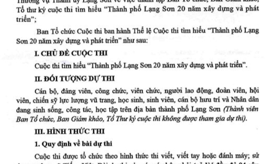 Thể lệ cuộc thi tìm hiểu"Thành phố Lạng Sơn 20 năm xây dựng và phát triển"