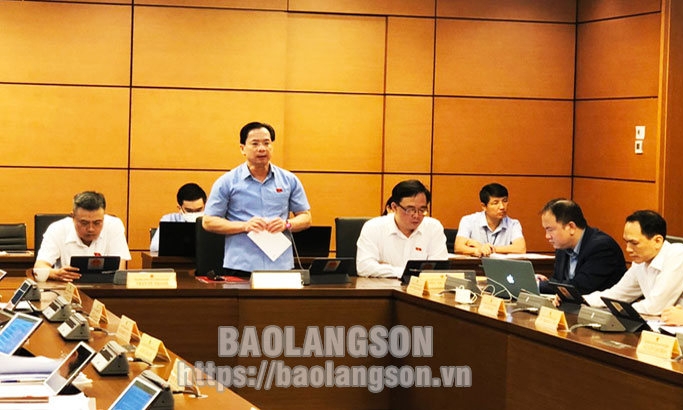 Đoàn Đại biểu Quốc hội tỉnh Lạng Sơn thảo luận tại tổ, góp ý vào báo cáo đánh giá kết quả thực hiện kế