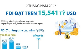 7 tháng năm 2022, FDI đạt trên 15,541 tỷ USD