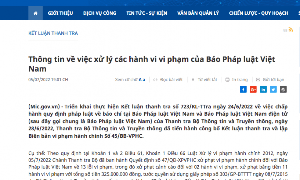 Đình bản 3 tháng đối với Báo Pháp luật Việt Nam điện tử