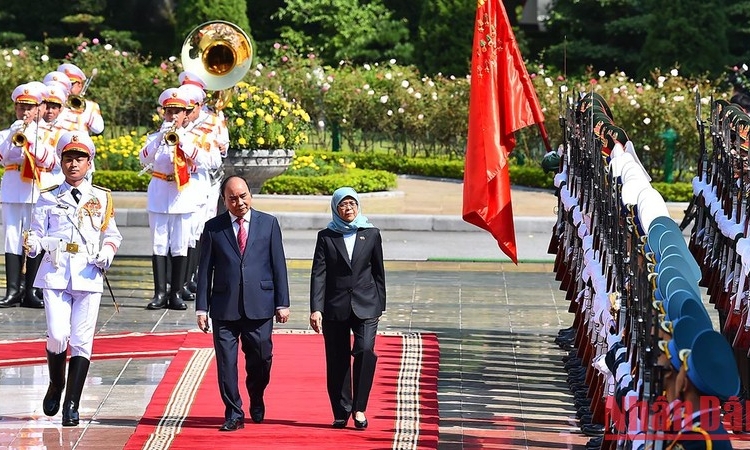 Chủ tịch nước Nguyễn Xuân Phúc đón, hội đàm với Tổng thống Cộng hòa Singapore Halimah Yacob