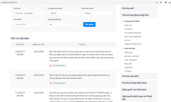 Các văn bản QPPL do Bộ KH&CN chủ trì xây dựng được tìm thấy dễ dàng trên Cổng TTĐT Chính phủ