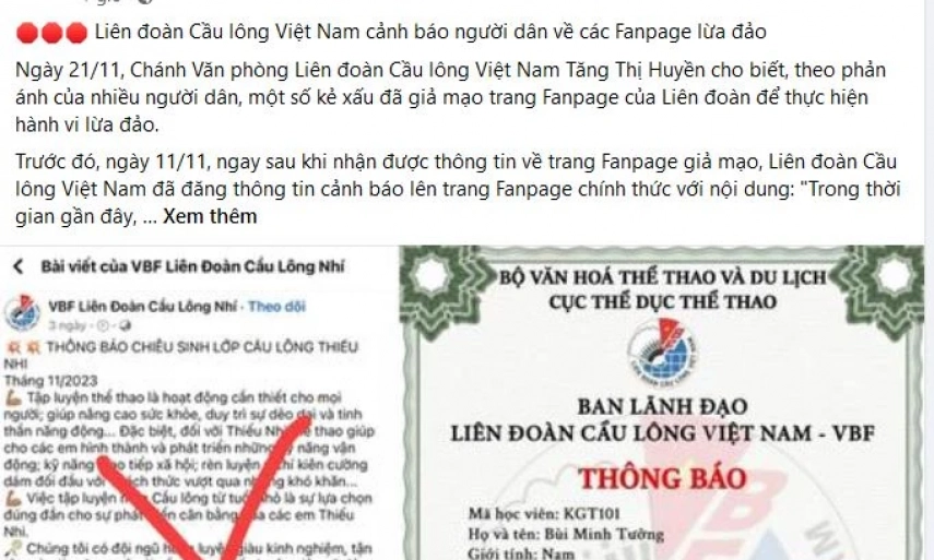 Liên đoàn Cầu lông Việt Nam cảnh báo người dân về các Fanpage lừa đảo