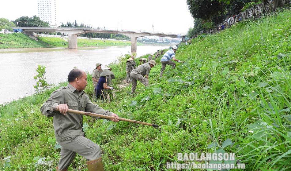 Nhân dân phường Đông Kinh phát dọn vệ sinh mái ta luy kè sông Kỳ Cùng