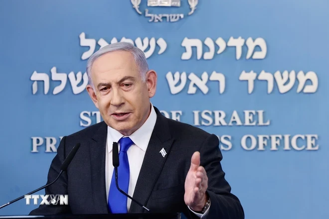 Thủ tướng Israel Benjamin Netanyahu phát biểu trong cuộc họp báo ở Jerusalem ngày 7/2/2024. (Ảnh: THX/TTXVN)