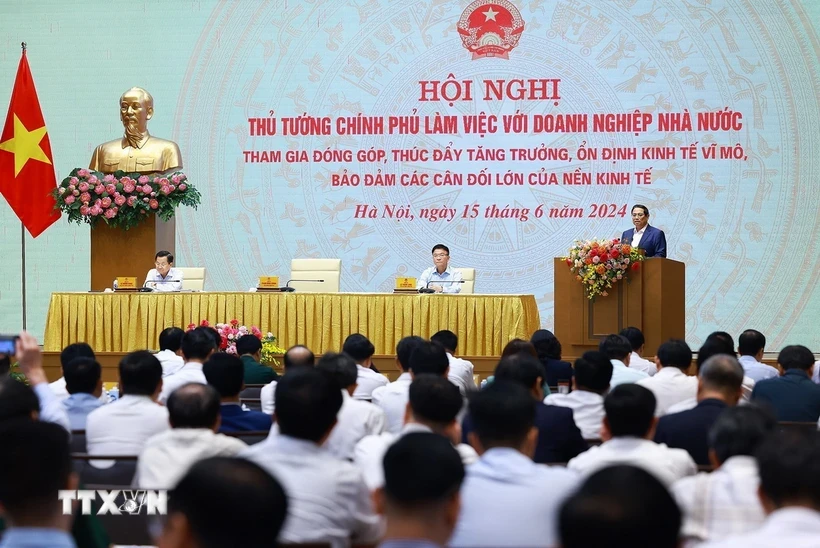 Thủ tướng Phạm Minh Chính phát biểu tại Hội nghị Thủ tướng Chính phủ làm việc với doanh nghiệp nhà nước. (Ảnh: Dương Giang/TTXVN)