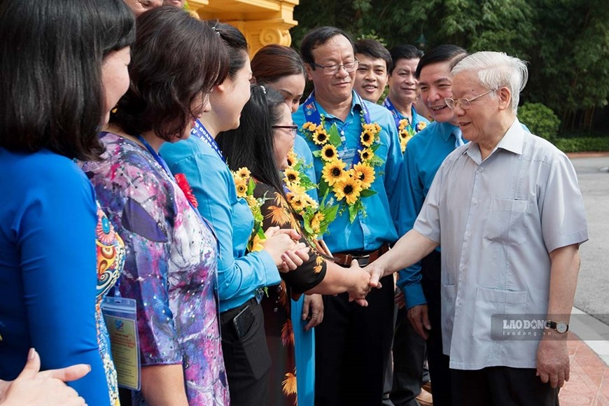 Tổng Bí thư Nguyễn Phú Trọng dự gặp mặt 100 cán bộ công đoàn tiêu biểu tháng 7-2019 nhân dịp kỷ niệm 90 năm Công đoàn Việt Nam. Ảnh: Laodong.vn