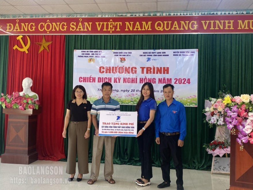 Đại diện chi bộ Trung tâm Kinh doanh VNPT Lạng Sơn trao biển hỗ trợ công trình thắp sáng đường thôn cho đại diện xã Thanh Long