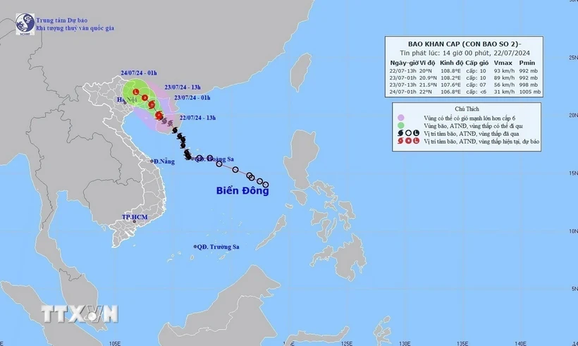 Hướng và đường đi của bão số 2, chiều 22/7/2024. (Ảnh: TTXVN phát)