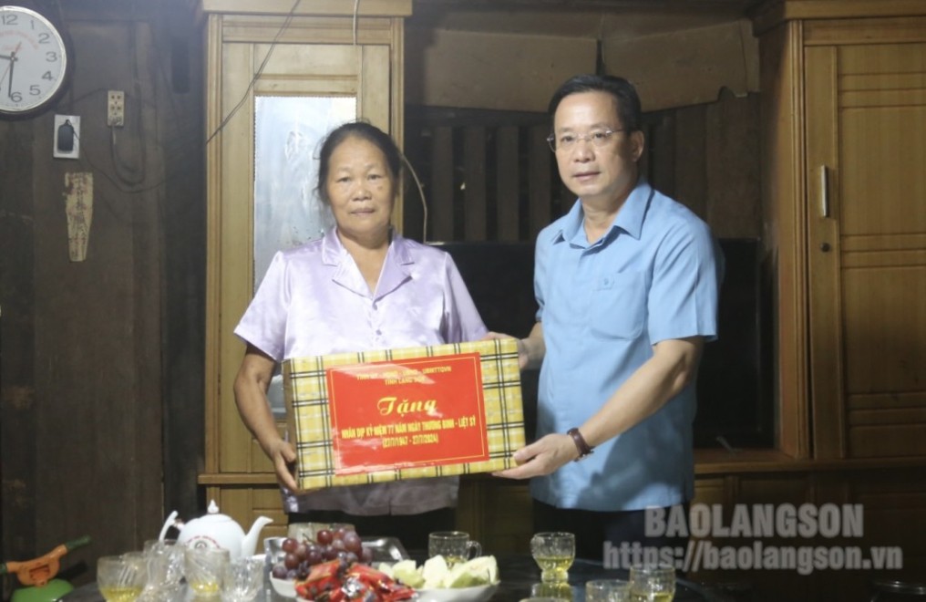 Đồng chí Hoàng Văn Nghiệm, Phó Bí thư Thường trực Tỉnh ủy, Trưởng Đoàn đại biểu Quốc hội tỉnh tặng quà bà Triệu Thị Na