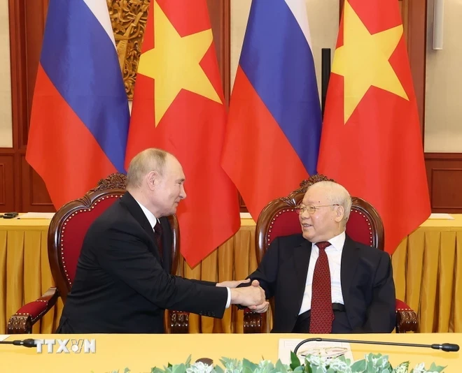 Tổng Bí thư Nguyễn Phú Trọng hội đàm với Tổng thống Liên bang Nga Vladimir Putin ngày 20/6/2024. (Ảnh: Trí Dũng/TTXVN)