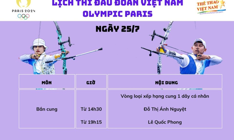 Lịch thi đấu Olympic hôm nay (25-7): Bắn cung xuất quân