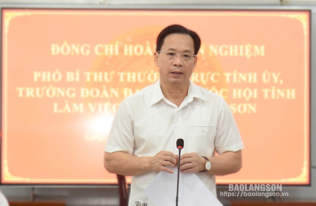 Đồng chí Hoàng Văn Nghiệm, Phó Bí thư Thường trực Tỉnh ủy, Trưởng Đoàn đại biểu Quốc hội phát biểu quán triệt nội dung buổi làm việc