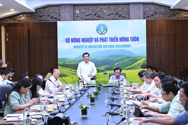 Bộ trưởng Bộ Công Thương Nguyễn Hồng Diên và Bộ trưởng Nông nghiệp và Phát triển Nông thôn Lê Minh Hoan chủ trì cuộc họp bàn về đề xuất thành lập Hội đồng lúa gạo Quốc gia. (Ảnh: PV/Vietnam+)