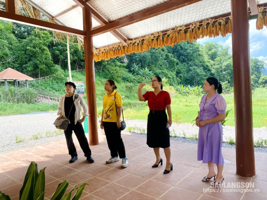 Các thành viên trong đoàn khảo sát gian trưng bày tại điểm hang Thẩm Khuyên - Thẩm Hai, huyện Bình Gia