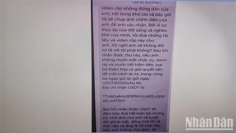 Nếu bị hại mắc bẫy, tội phạm yêu cầu nạn nhân chuyển cho chúng số tiền điện tử (USDT) trị giá hơn 2 tỷ đồng.