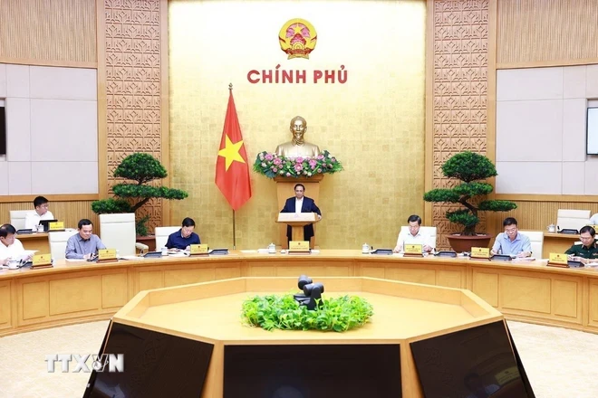 Thủ tướng Phạm Minh Chính chủ trì Phiên họp Chính phủ chuyên đề xây dựng pháp luật tháng 7 năm 2024. (Ảnh: Dương Giang/TTXVN)