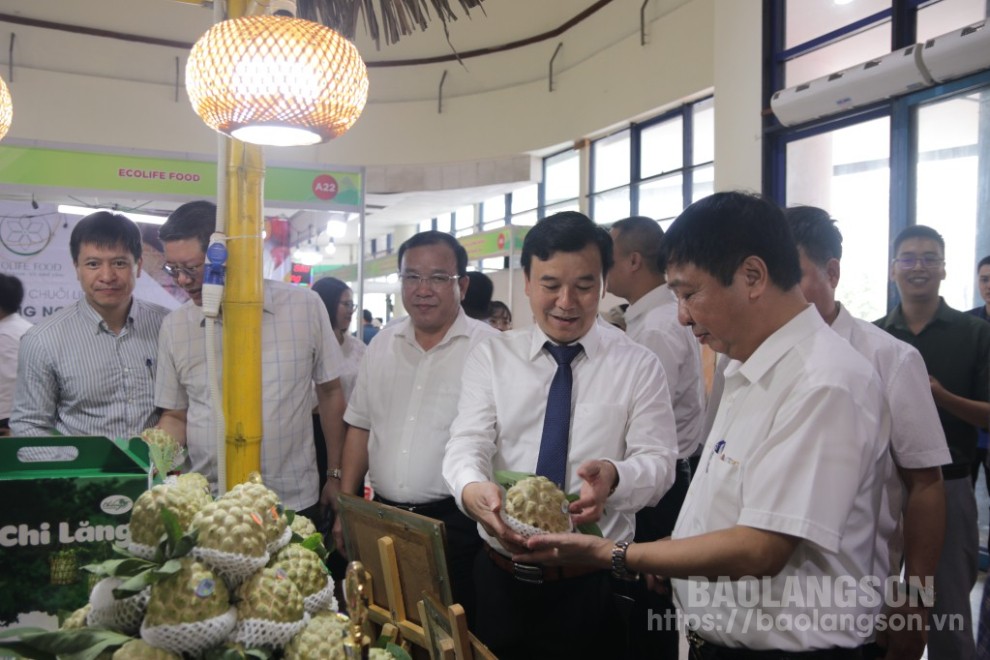 Các đại biểu tham quan gian hàng giới thiệu sản phẩm na của tỉnh Lạng Sơn