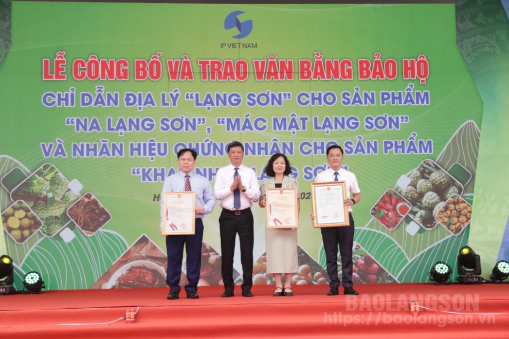 Lãnh đạo Cục Sở hữu trí tuệ, Bộ Khoa học Công nghệ trao văn bằng bảo hộ cho đại diện các đơn vị trên địa bàn tỉnh Lạng Sơn