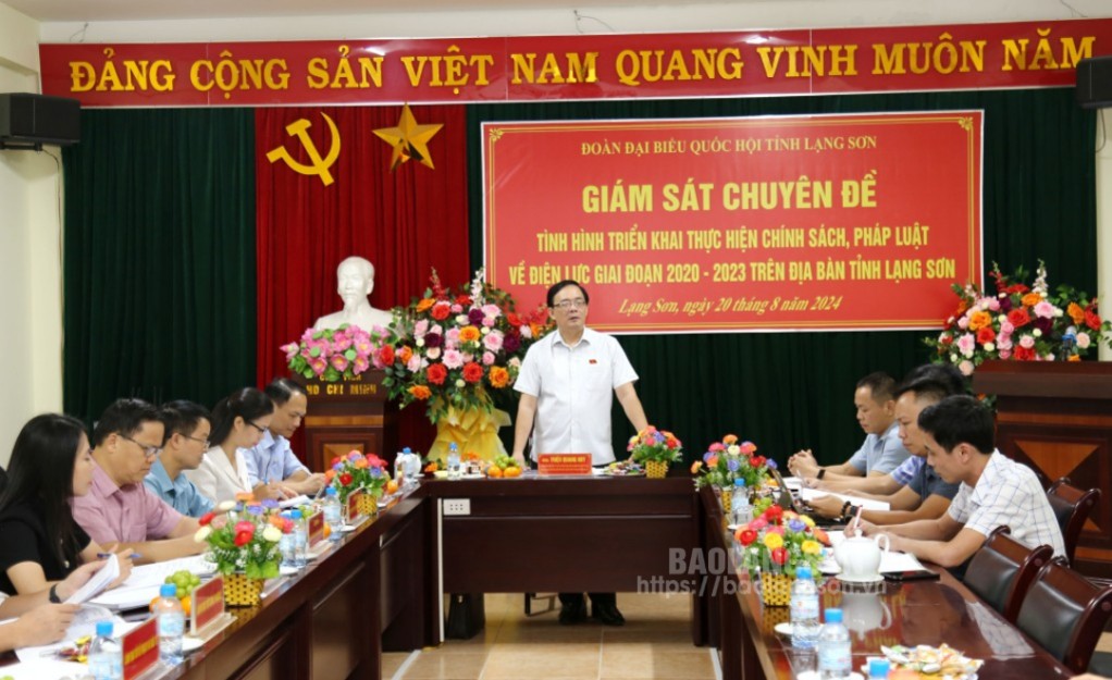 Đồng chí Triệu Quang Huy, Ủy viên Ủy ban tài chính, Ngân sách của Quốc hội, Phó Trưởng Đoàn chuyên trách Đoàn ĐBQH tỉnh - Trưởng đoàn giám sát phát biểu tại buổi làm việc với lãnh đạo Công ty Cổ phần Xi măng Đồng Bành