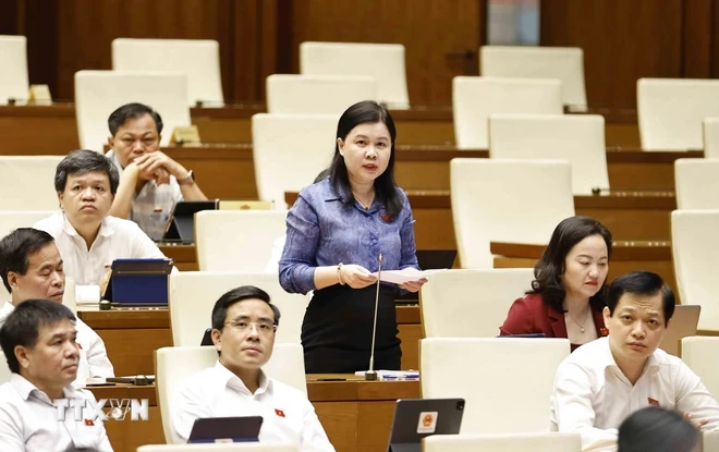 Đại biểu Quốc hội Thành phố Hà Nội Nguyễn Phương Thủy đặt câu hỏi chất vấn. (Ảnh: Doãn Tấn/TTXVN)