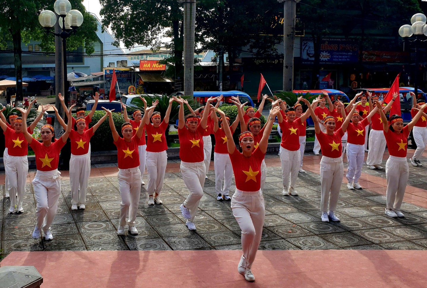 Câu lạc bộ Hoa Nghệ Tây, thành phố Lạng Sơn biểu diễn đồng diễn trên nền nhạc “Như có Bác trong ngày vui đại thắng” tại Khuôn viên lưu niệm Chủ tịch Hồ Chí Minh