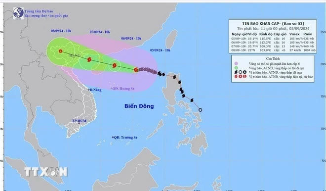 Bản đồ đường đi của bão số 3 lúc 10 giờ ngày 5/9. Ảnh: TTXVN phát