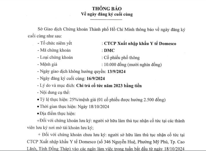 Doanh nghiệp đầu ngành dược Domesco vừa có thông báo về việc trả cổ tức với tỷ lệ 25%. (Ảnh: Đại Việt)