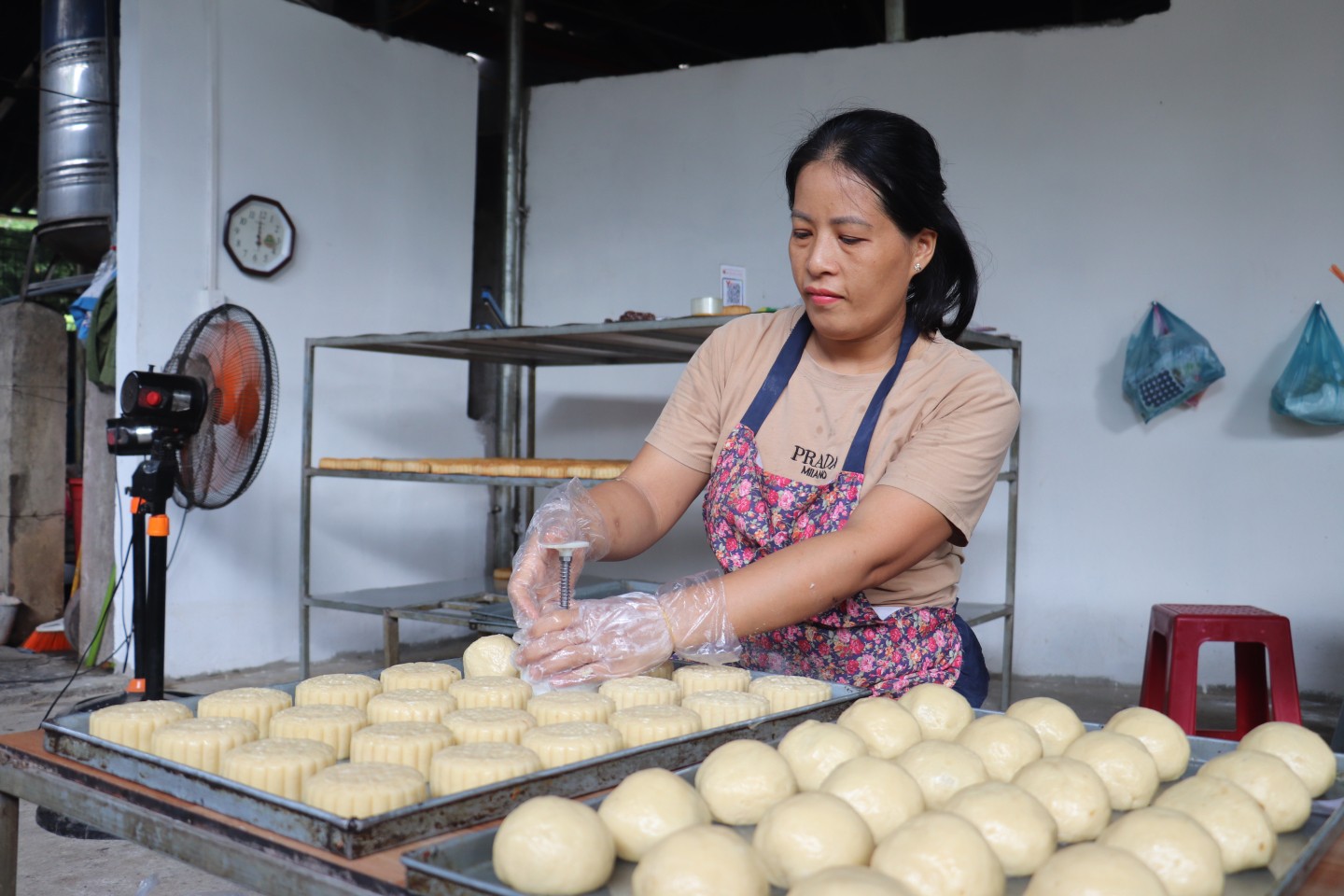 Để những chiếc bánh nướng có hình thù đẹp mắt, người dân sử dụng khuôn để ép bánh. Được biết, với mỗi loại nhân, bánh sẽ được tạo hình ở các khuôn khác nhau, giúp người sản xuất dễ dàng phân biệt khi đóng gói