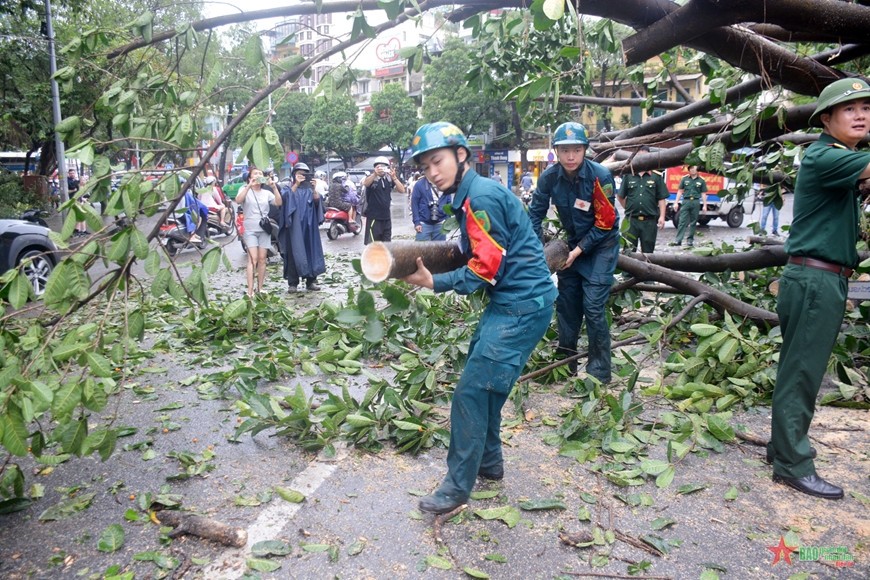 Bộ đội và dân quân quận Hoàn Kiếm, Hà Nội tham gia dọn dẹp cây đổ sau bão số 3. Ảnh: qdnd.vn