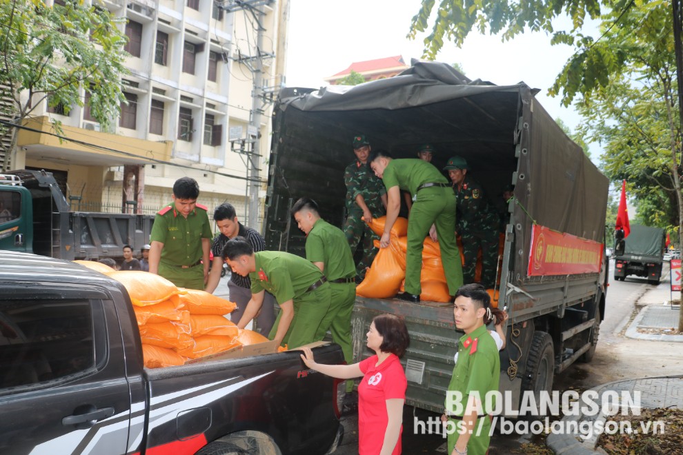 Các lực lượng tình nguyện viên tham gia hỗ trợ tiếp nhận gạo