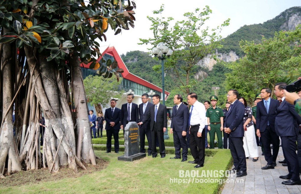 Phó Thủ tướng Chính phủ Hồ Đức Phớc, lãnh đạo tỉnh Lạng Sơn và các thành viên Đoàn công tác tham quan Cây đa Hữu Nghị do cố Tổng Bí thư Nguyễn Phú Trọng trồng tại khuôn viên Cửa khẩu Quốc tế Hữu Nghị