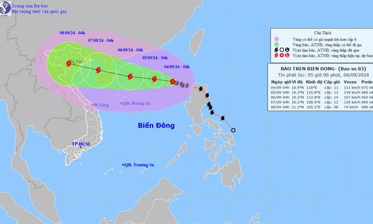 Bão số 3 mạnh cấp 11, giật cấp 13 trên khu vực bắc Biển Đông