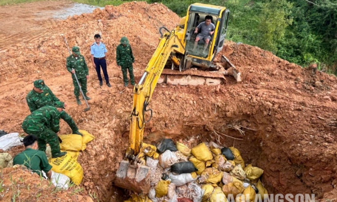 Đồn Biên phòng Ba Sơn tổ chức tiêu hủy hơn 3,5 tấn chân gà không rõ nguồn gốc