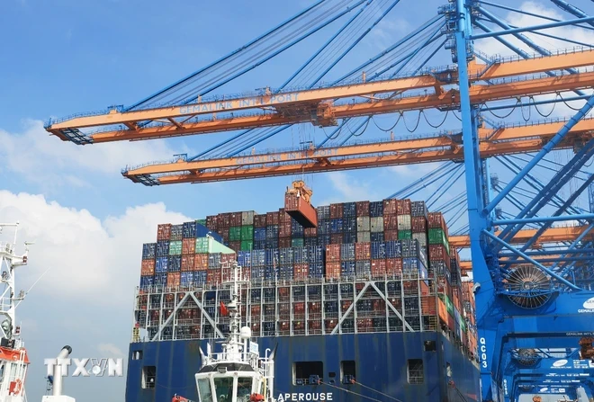 Bốc dỡ container lên tàu trọng tải 200.000DWT tại cảng quốc tế Gemalink, thị xã Phú Mỹ, tỉnh Bà Rịa - Vũng Tàu. (Ảnh: Hồng Đạt/TTXVN)