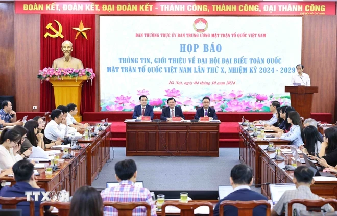 Họp báo thông tin, giới thiệu về Đại hội đại biểu toàn quốc Mặt trận Tổ quốc Việt Nam lần thứ X, nhiệm kỳ 2024-2029. (Ảnh: Minh Đức/TTXVN)