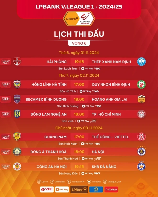 Lịch thi đấu vòng 6 V-League 2024-2025. (Ảnh: VPF)