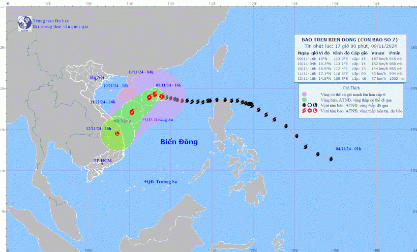 Vị trí và đường đi của bão số 7. (Nguồn: Trung tâm Dự báo Khí tượng Thủy văn Quốc gia)