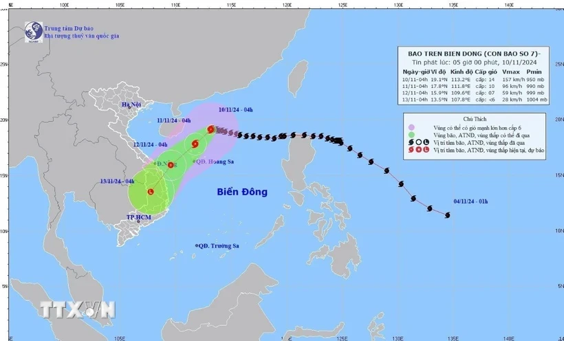 Hướng di chuyển của bão số 7 cập nhật lúc 4 giờ ngày 10/11. (Ảnh: TTXVN phát)