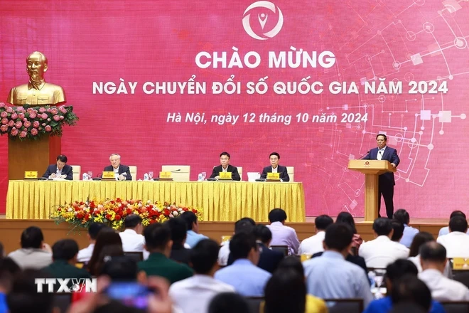 Thủ tướng Phạm Minh Chính phát biểu chào mừng Ngày Chuyển đổi số quốc gia (10/10) năm 2024. (Ảnh: Dương Giang/TTXVN)