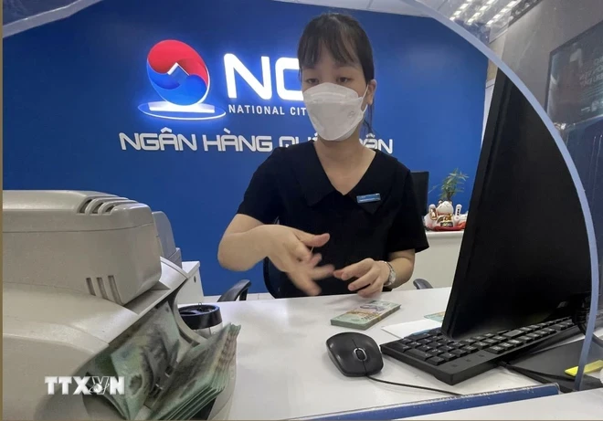 Hoạt động nghiệp vụ tại ngân hàng TMCP Quốc Dân. (Ảnh: Trần Việt/TTXVN)