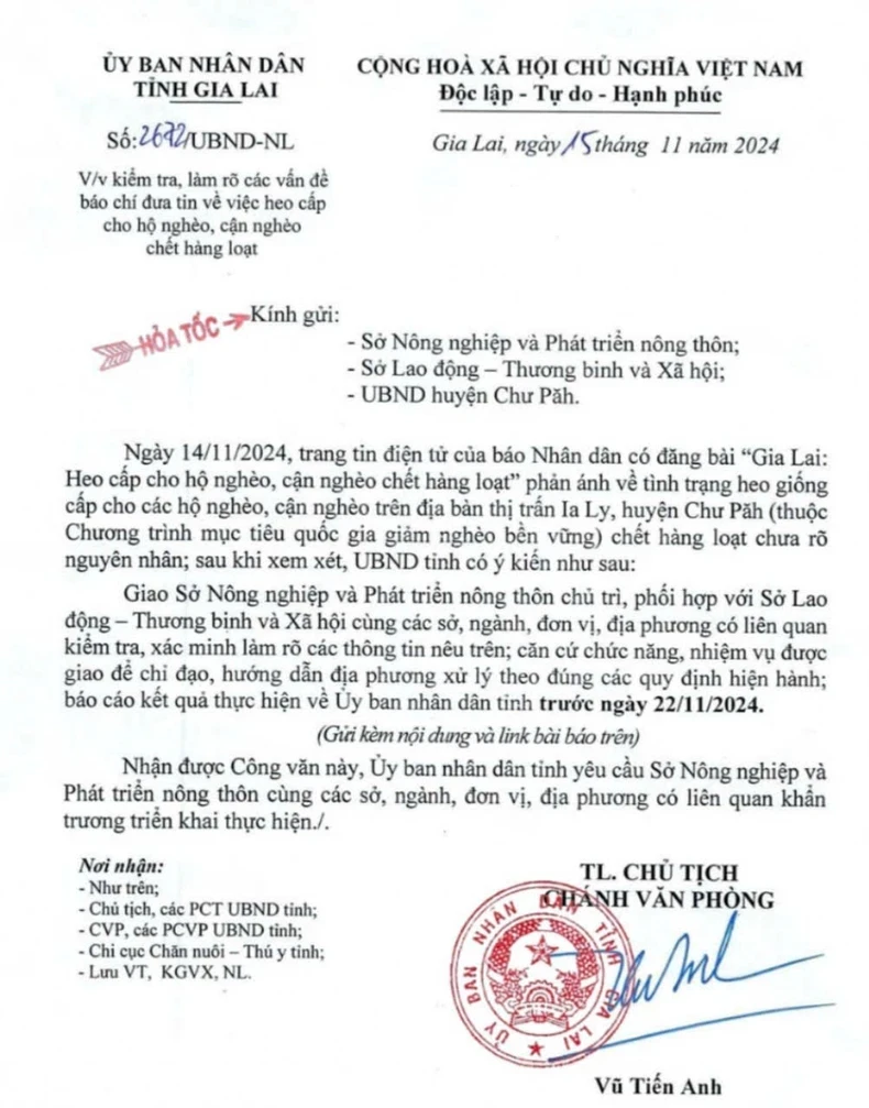 Công văn của Ủy ban nhân dân tỉnh Gia Lai