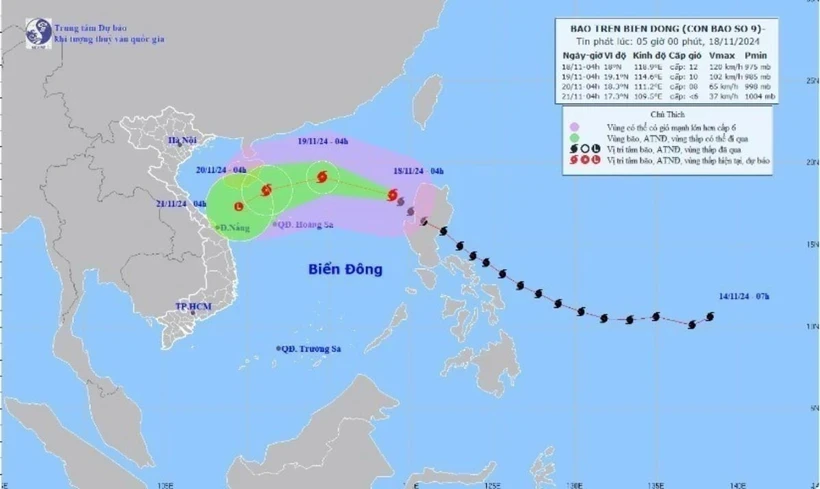 Hướng di chuyển của bão số 9 lức 4h ngày 18/11. (Ảnh: TTXVN phát)