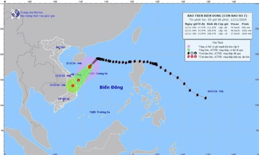Bão số 7 giảm cường độ, di chuyển theo hướng Tây Nam, giật cấp 11