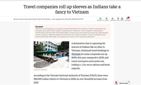 Vietnam a unique destination attracting Indian tourists: Indian newspaper