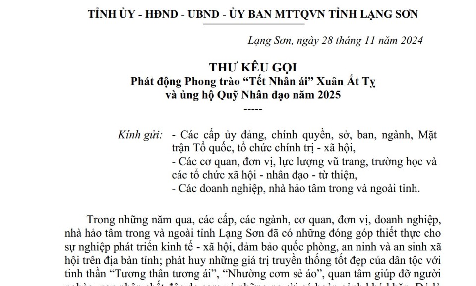 Thư kêu gọi Phát động Phong trào “Tết Nhân ái” Xuân Ất Tỵ và ủng hộ Quỹ Nhân đạo năm 2025